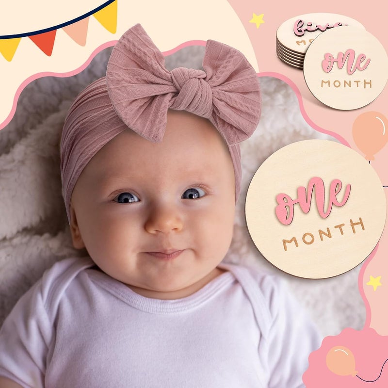 Booson 6 Pack 3D Pink Monthly Baby Milestone Announcement Sign with 2 Pack Bow Headbands Double Sided Newborn Signs Wooden Discs for Welcome Newborn Shower Boy Girl Photo Props - Image 5